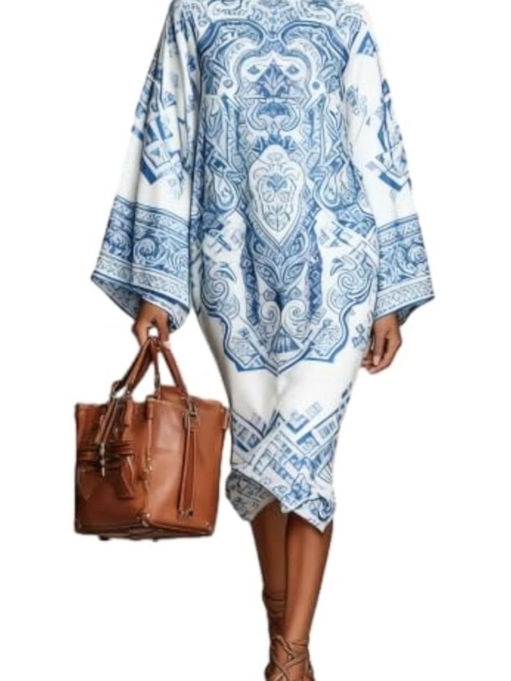 Blue & White Printed Women's Kaftan Dress